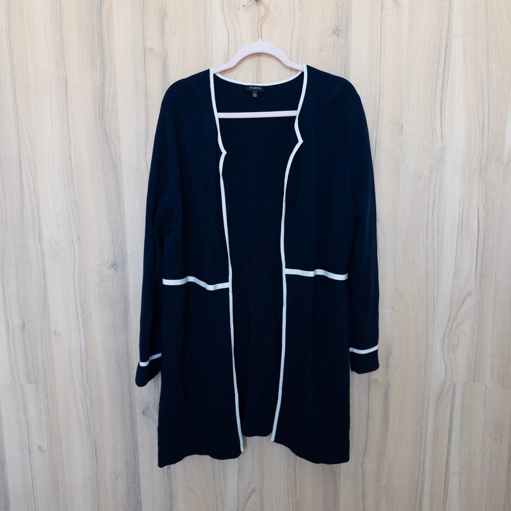 Talbots Womens Cardigan XL Navy Longline Open Front Classic Preppy Old Money